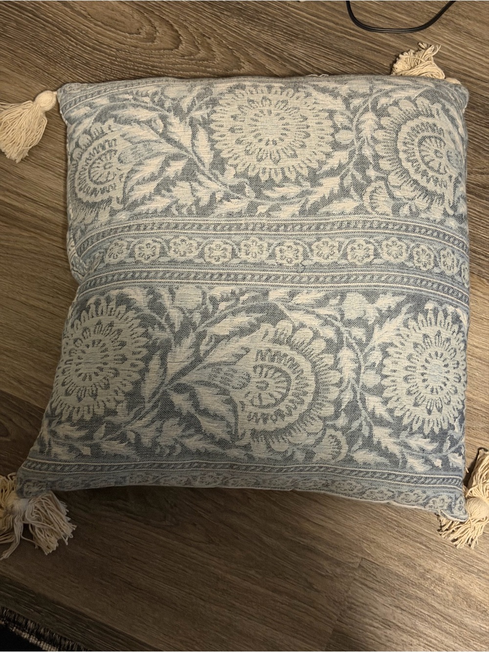 Blue and Cream Floral Tassel Decorative Throw Pillow - Brand: